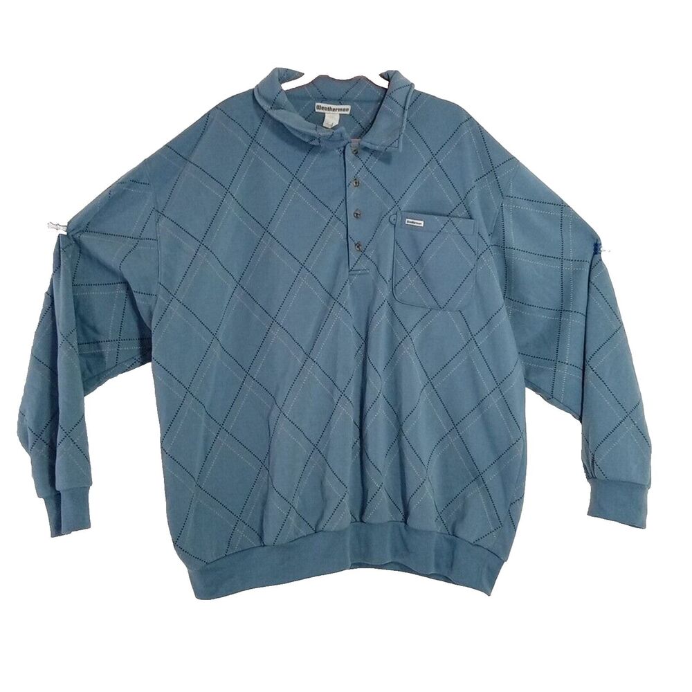 Weatherman Sweatshirt 3XL Tall Blue Yellow Diamond Fisherman Pullover Pocket